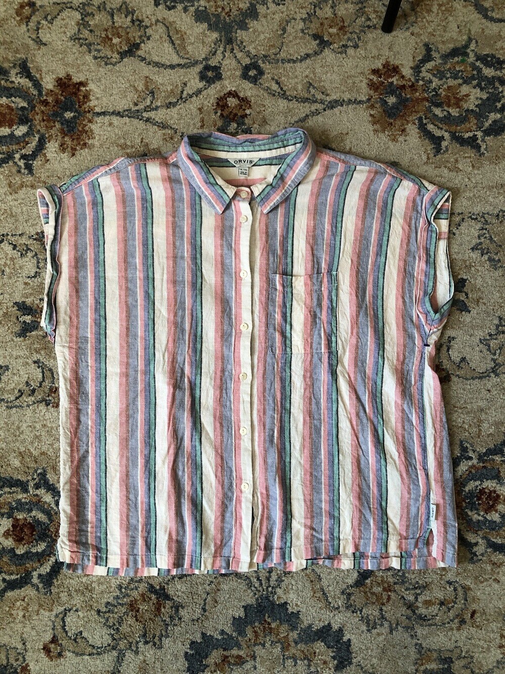 Orvis Shirt Womens XL Blue Linen Sleeveless Button Up Tank Top Striped Pocket